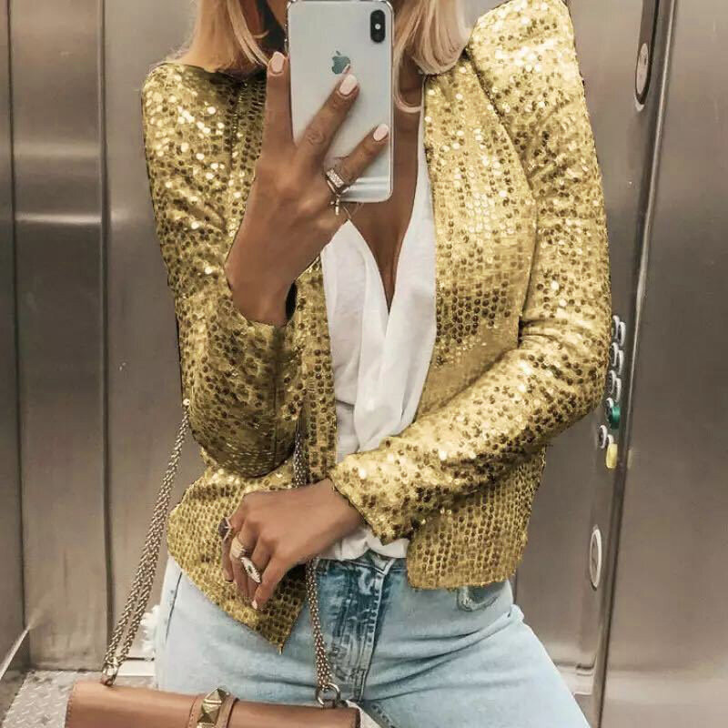 Spring New Women's Fashion Standing Neck Solid Color Sequin Cardigan Long Sleeve Short Casual Versatile Slim Fit Coats