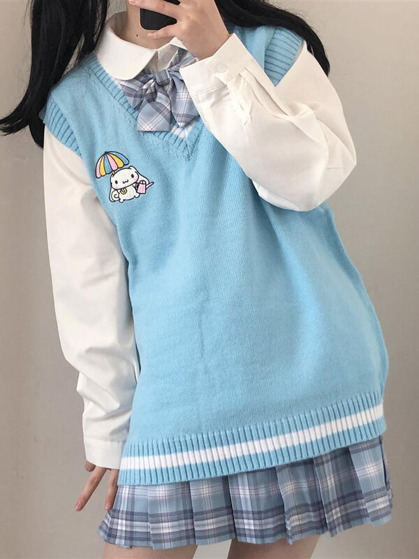 HOUZHOU-카와이 스웨터 조끼 만화 양복 조끼, 귀엽고 귀여운 프레피 스타일 여성 풀오버, v 넥 자수 일본 로리타 탑스