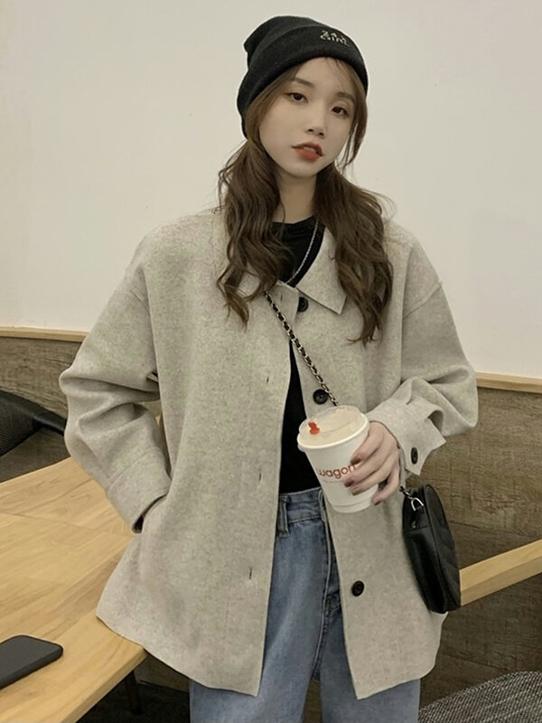 2022 nova versão coreana outono e inverno vintage lapela solta temperamento macio quente na moda elegante manga longa casaco, versátil c