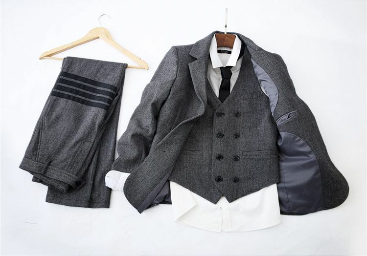 Traje de lana de espiga retro británico tweed Slim TB chaleco traje de tres piezas