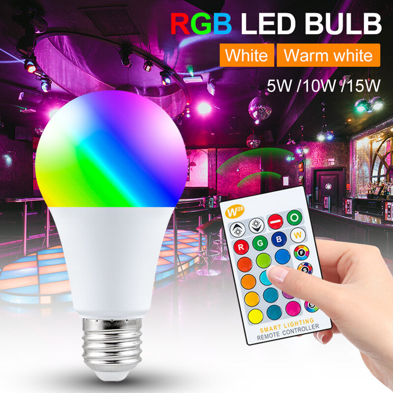 Bombilla LED E27 RGB, lámpara de 110V, 220V, 5W, 10W, 15W, RGB, RGBW, RGBWW, 16 colores, IR, Control remoto, decoración del hogar, luz de vacaciones