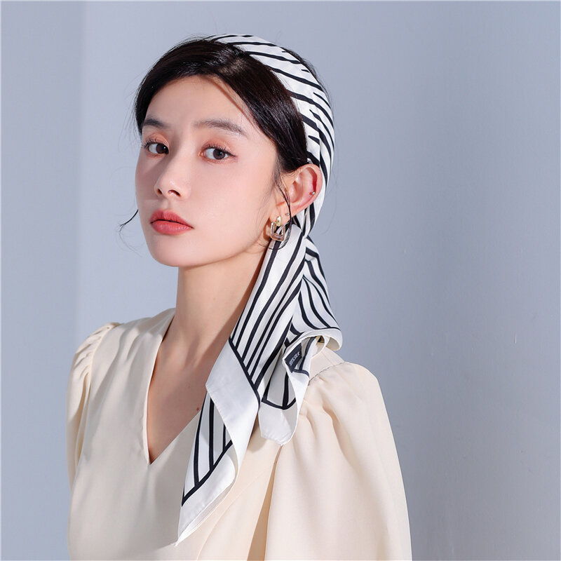 Luxury Design Twill Silk Square Scarf Women Hijab Bandana Print Muslim Headscarves Foulard Striped Neckerchief Ladies Shawl Wrap