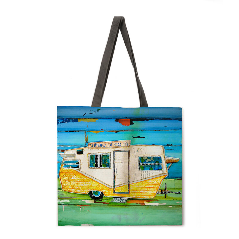 Vintage oceano senhoras praia saco de ombro dobrável saco de compras impresso bolsa de linho ocasional tote reutilizável