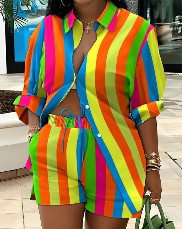 Rainbow Stripe Print Shorts Sets for Woman Summer 2023 New Buttoned Design Turn-down Collar Shirt & Daily Shorts Set Two Piece