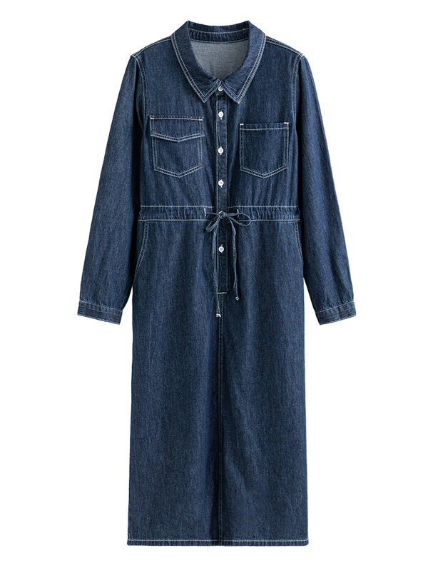 Dushu Retro Kontrast farbe 100% Baumwolle dunkles Denim kleid Frauen Vintage lässiger Pendler Polo Kragen weibliche lange Hemd röcke
