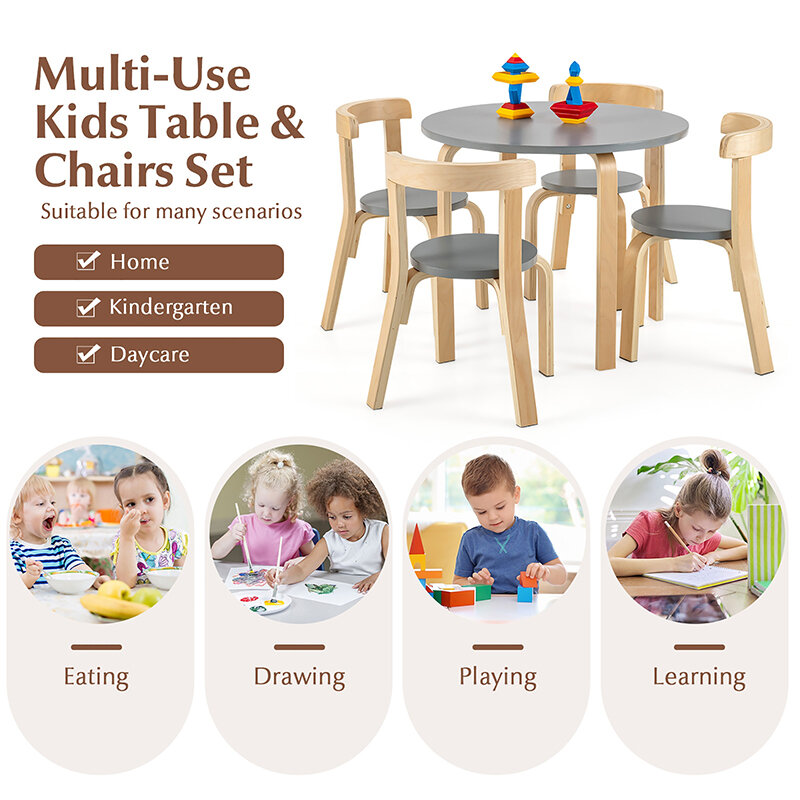 5-Piece Kids Wooden Curved Back Activity Table and Chair Set with Toy Bricks School Furniture 3 Colors