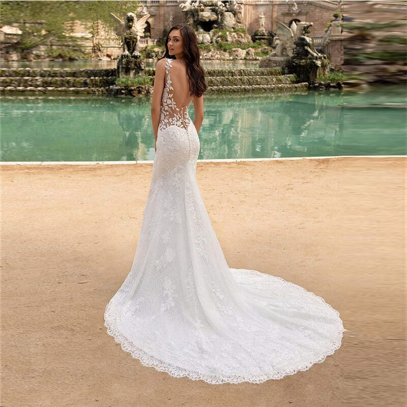 Vestidos de novia de encaje con apliques de sirena para mujer, vestido de novia blanco con cuello en V, espalda abierta, elegante, sin mangas, 2022