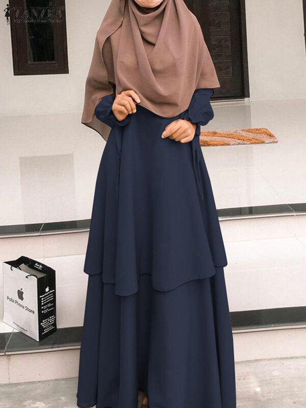 ZANZEA moda damska z długim rękawem solidna sukienka muzułmańska Casual dubaj turcja Abaya hidżab Sundress islamska odzież Ramadan Vestidos