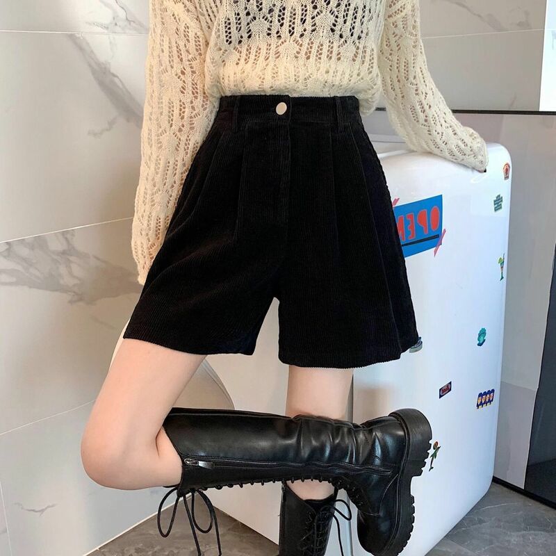 Calções de veludo retro feminino outono e inverno cintura alta vestindo uma palavra larga perna solta fina coreano casual shorts