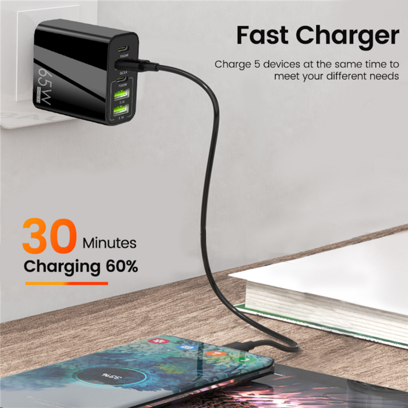 Olaf 5 Poorten 65W Usb Charger Fast Charger Type C Pd Qc 3.0 Snel Opladen Voor Iphone Xiaomi Huawei samsung Tablet Telefoon Oplader