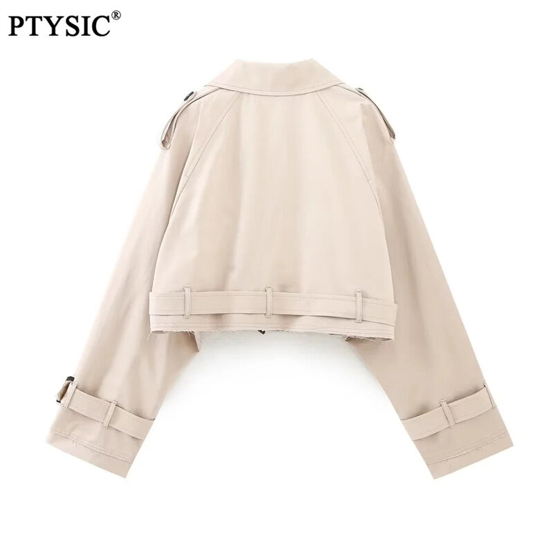 PTYSIC-빈티지 오버사이즈 크롭트 트렌치 코트, 긴 소매 탭 벨트 더블 브레스트 버튼 코트 재킷
