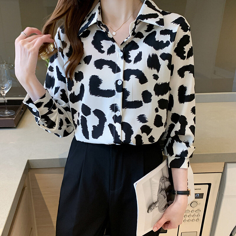 Spring Leopard Chiffon Shirt Women's Korean Fashion Printing Long-sleeved Loose Traf Elegant Clothing Chic Top Free Shipping