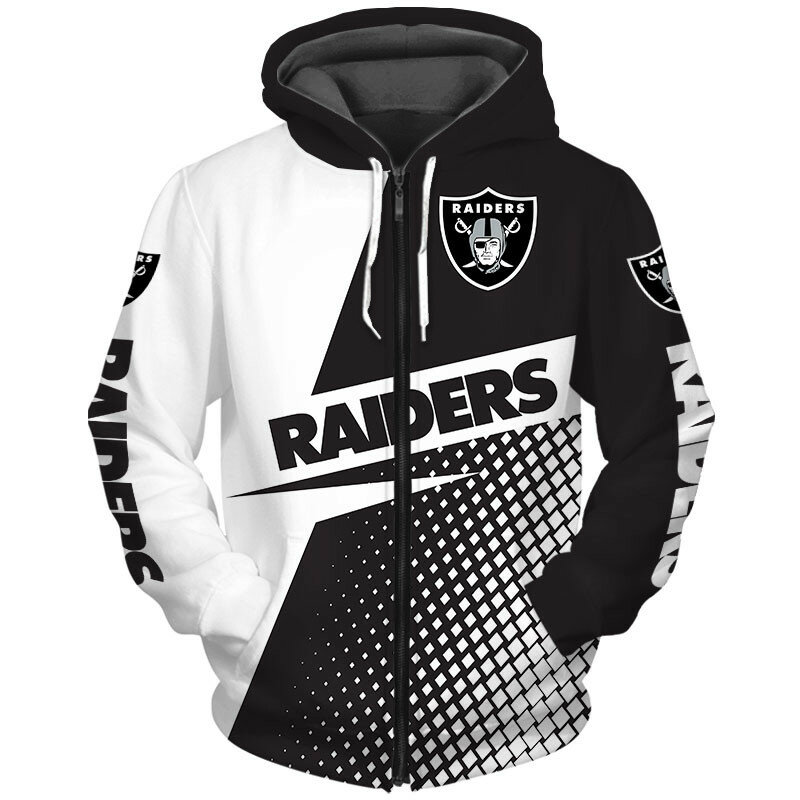 ลาสเวกัสผู้ชาย Cool กีฬาฟุตบอลสีดำและสีขาวเย็บตาราง Shield การพิมพ์ Raiders 3D Zipper Hoodies
