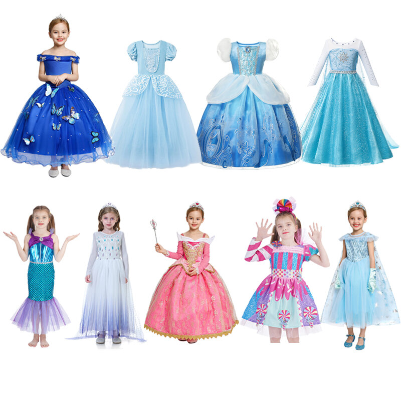 Gaun gadis Disney Cinderella Elsa putri duyung gaun pertunjukan bola kostum permen pakaian untuk gaun pesta ulang tahun bayi