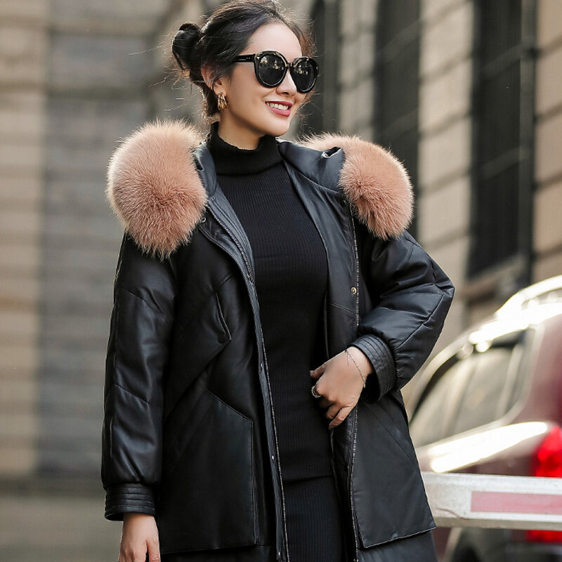 Sheep leather jacket, high quality, long jacket, winter jacket, feminine, fox skin collar, hooded jackets, women's luxury