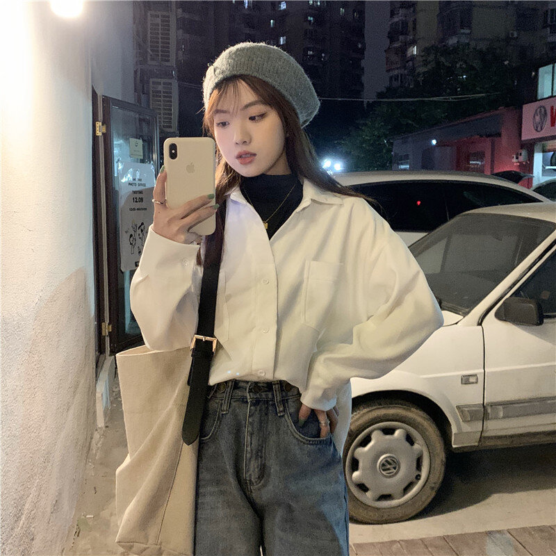 Blus Putih Wanita Musim Semi Musim Gugur Kasual Padat Palsu Dua Potong Kemeja Wanita Korea Longgar Kemeja Gaya OL Pakaian Kerja Ukuran Plus M-XL