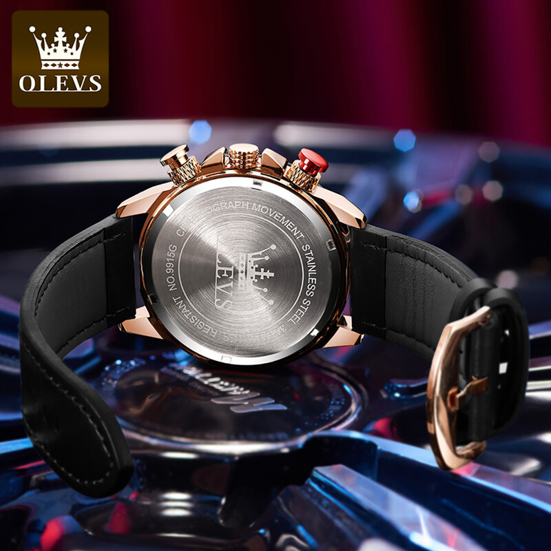 OLEVS-Reloj de pulsera de cuarzo para hombre, cronógrafo multifuncional con correa de cuero genuino, resistente al agua, esfera grande, estilo popular