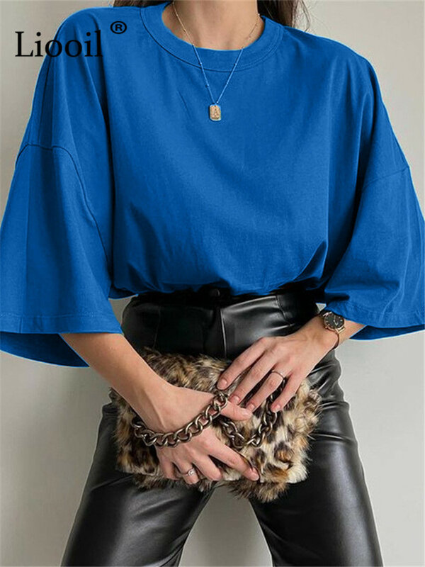 Liooil Kaus Kasual untuk Wanita Atasan Dasar Longgar Musim Panas 2022 Kaus Lengan Pendek Leher O Baru Atasan Longgar Atasan Hijau Biru Kemeja Longgar