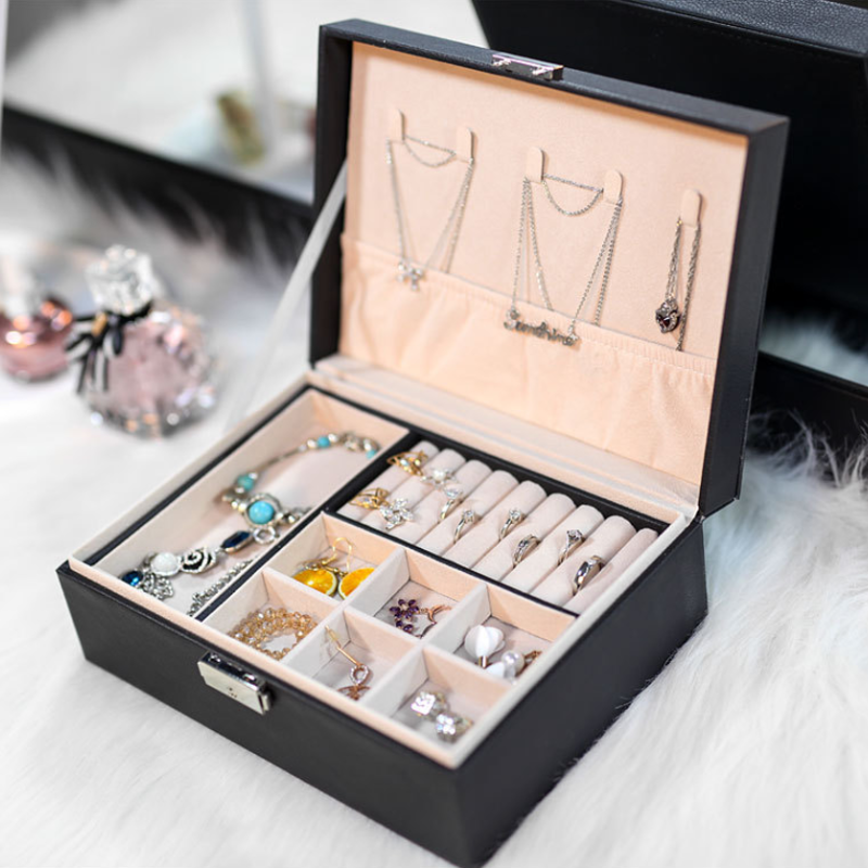 Zlalhaja 1-2 camadas caixa de jóias com bloqueio de couro grande capacidade caixas de armazenamento colar brincos anéis jóias organizador
