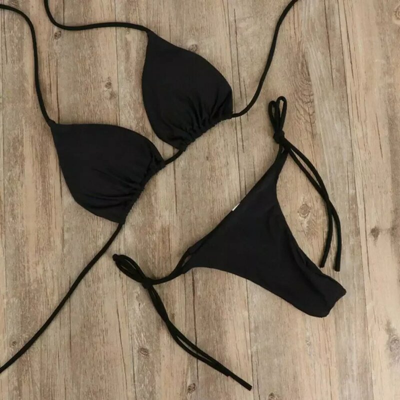 Conjunto de Bikini clásico para mujer, traje de baño de tres puntos, Color sólido, cuello Halter, correa, Tanga, novedad de verano 2022