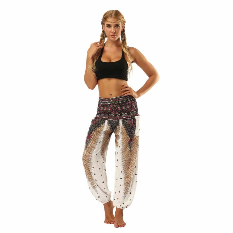Celana Harem Wanita Celana Panjang Yoga Longgar Gambar Boho Celana Pinggang Tinggi Antik Baggy Harem Motif Bunga Print Kaki Lebar