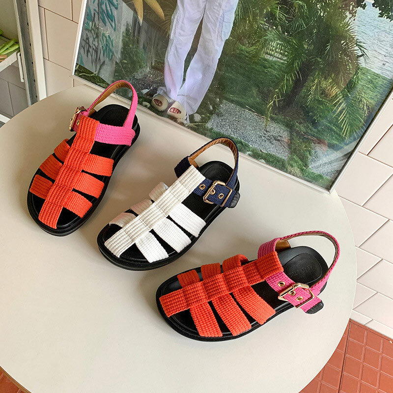 Sandálias de verão moda feminina causal senhoras flat fisherman sandália cor misturada fivela cinta feminino confortável sapatos mulher 2022