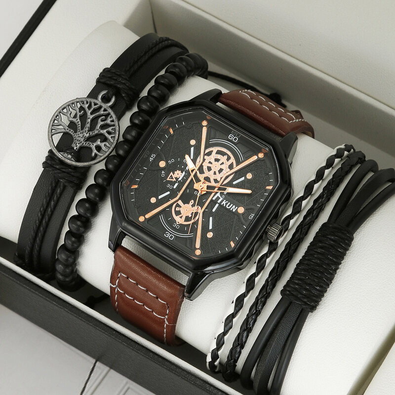 Relógios de pulso de quartzo com pulseira de couro para homens e mulheres, relógio retangular elegante, relógio simples preto e marrom