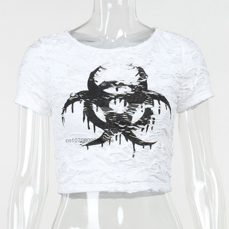Nieuwe Gothic Punk Aestheic Korte Mouw T-shirt Meisje Y2k Chic Grafische Gedrukt Crop Top Vrouwen Kleding Streetwear Mode Moto stijl