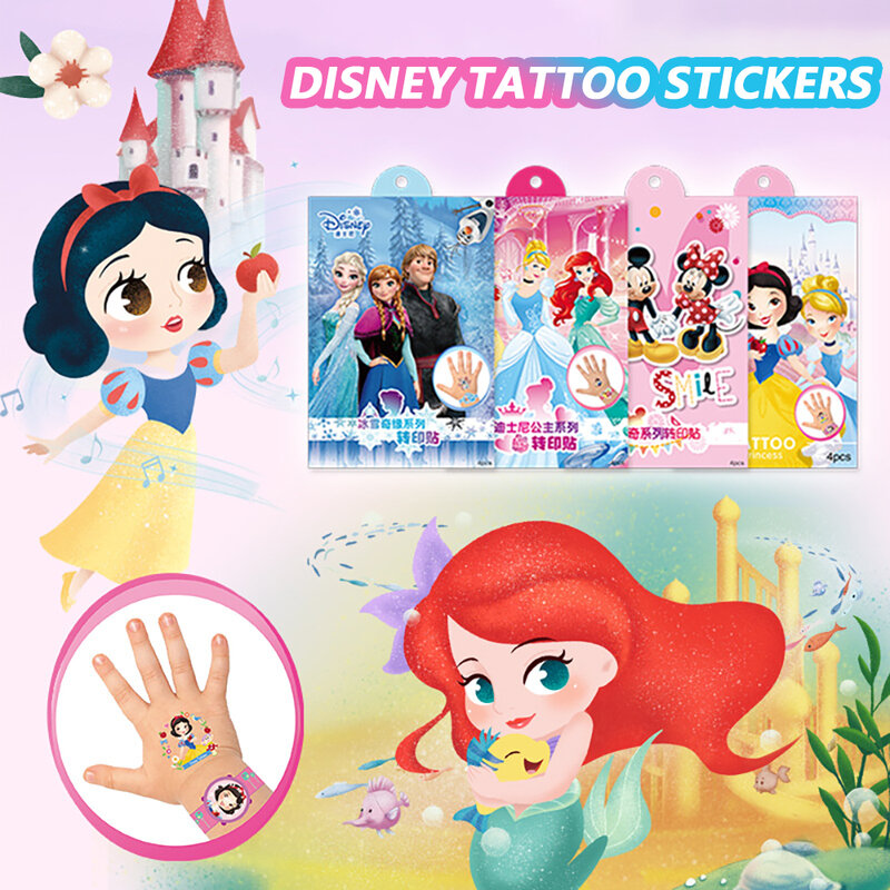 Adesivo 4 pezzi adesivi per tatuaggi Disney Princess Sofia Unicorn Frozen Action Figure Cars Cartoon sticker Kids Girls Birthday Gift