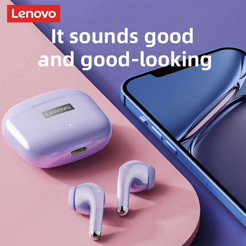 Lenovo LP40 Pro earphone Bluetooth 5.0, Headphone olahraga nirkabel tahan air earbud dengan Mic kontrol sentuh Headset TWS
