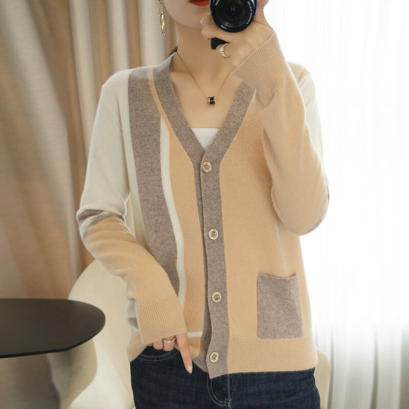 2022 Spring New V-Neck Knitted Cardigan Women's Color Matching All-Match Sweater Coat Hit Color Fashion Loose Wool Top Trend