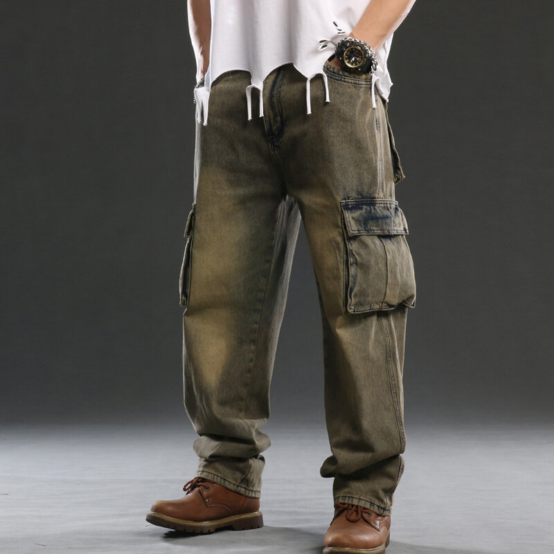 Calça jeans masculina resistente multi bolsos estilo japonês solto ajuste plus size carga denim calças para hipster nz108
