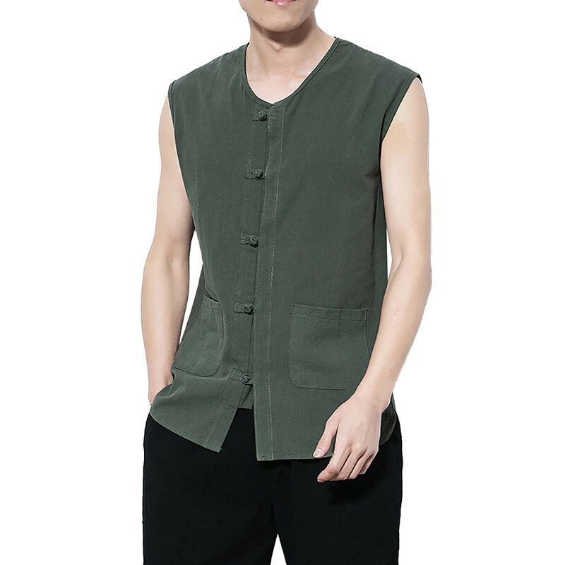 Camisa informal sin mangas para hombre, camisa de manga de malla con botones, cuello redondo, Color sólido, moda de primavera y verano