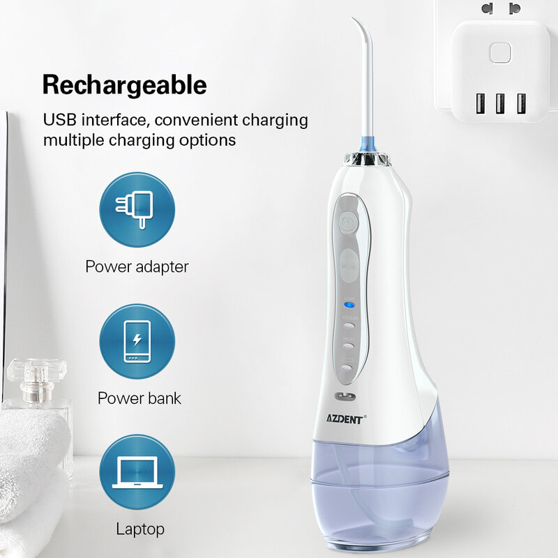 AZDENT HF-5 Oral Irrigator Portable Water Dental Flosser USB Rechargeable Water Jet Floss Tooth Pick 5 Jet Tip Water Tank