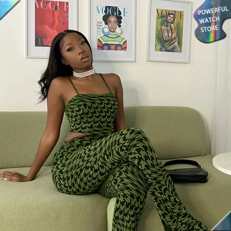 Sexy Sleeveless Green Printed Midriff-baring Tank Top Set Women2023 Summer Outfits Wide Leg Pants Fashion Casual Two Piece Suit