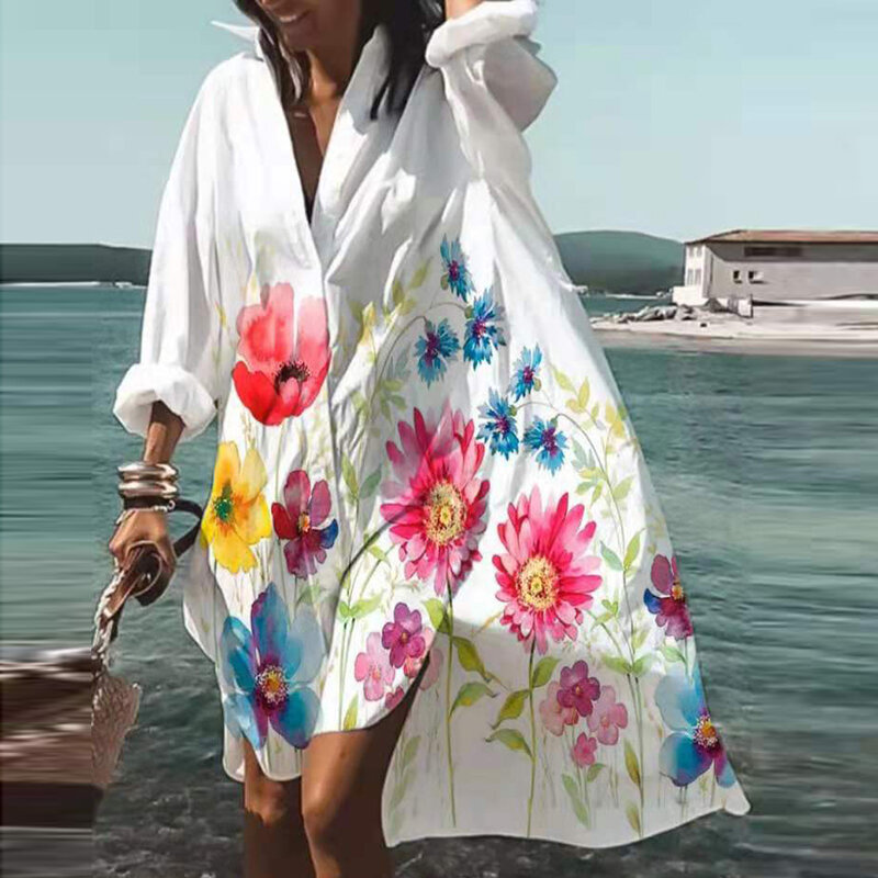 Primavera verão outono feminino turn-down colarinho manga longa botão camisa casual elegante floral impressão vestido praia vestidos de festa