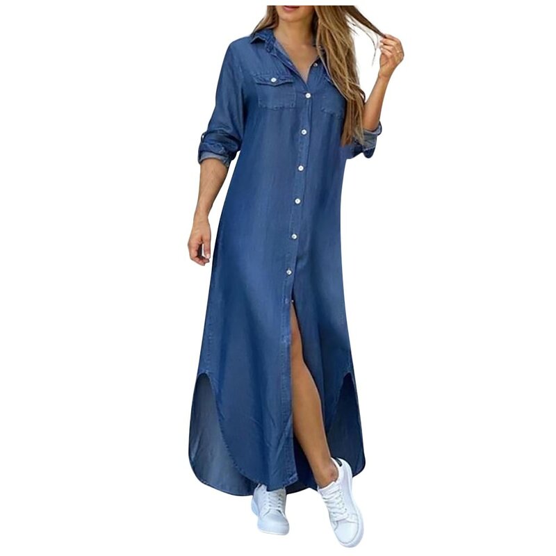 Женское джинсовое платье-рубашка с карманами, Длинное свободное Повседневное платье с принтом на пуговицах, осень 2023