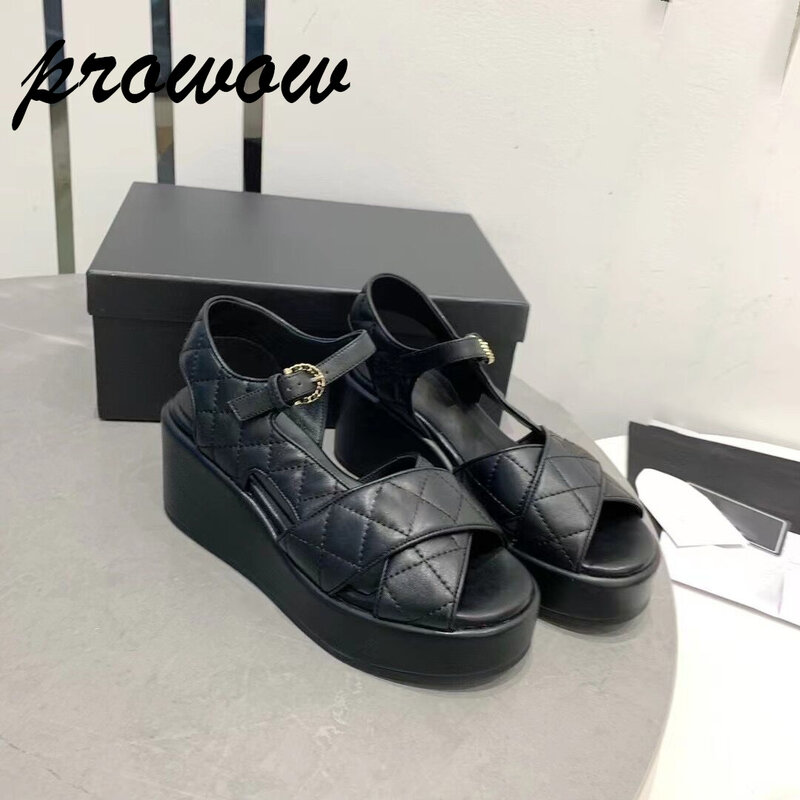 Prowow sandal Wedges tali gesper jari terbuka kulit asli baru sandal Platform dengan hak tebal musim panas krem hitam