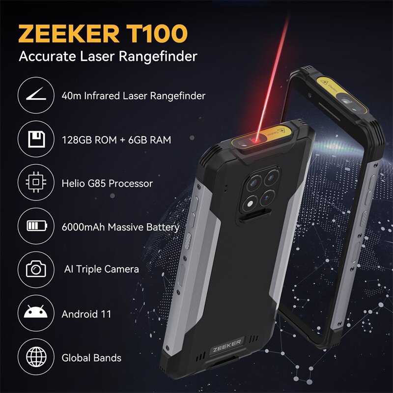ZEEKER T100สมาร์ทโฟนที่ทนทาน40M เลเซอร์วัดโทรศัพท์มือถือ Helio G85 Android 11 Octa Core 128GB โทรศัพท์กันน้ำ6000MAh NFC