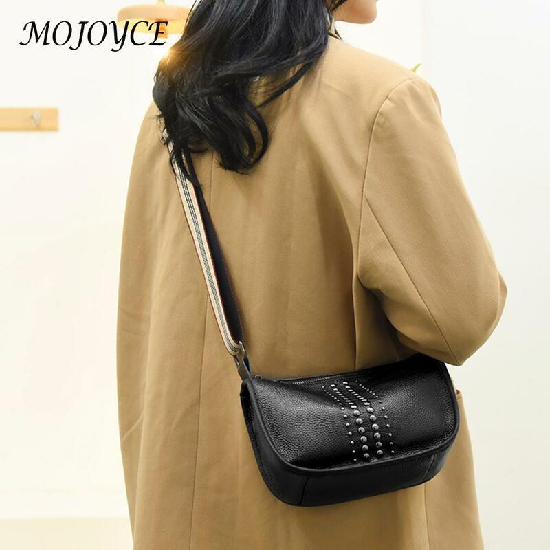 Fashion Rivet Crossbody Bag Casual Women Cow Leather Wide Strap Shoulder Phone Pouch Travel Ladies Small Handbag