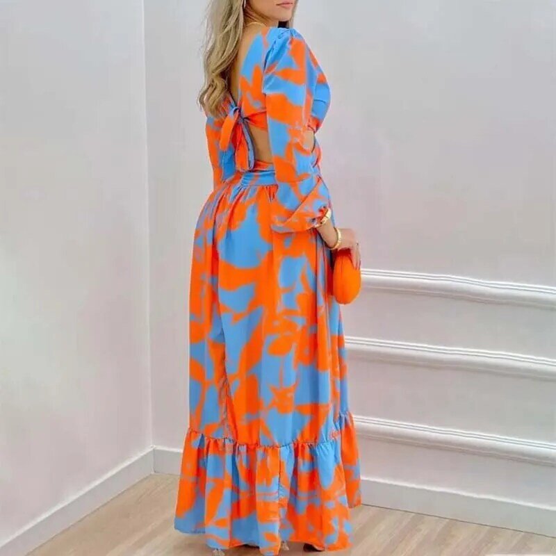 2022 African Dresses for Women Summer Bohemia Beach Party Maxi Dress Ladies Sexy V-neck Wear Floral Print Africa Clothing