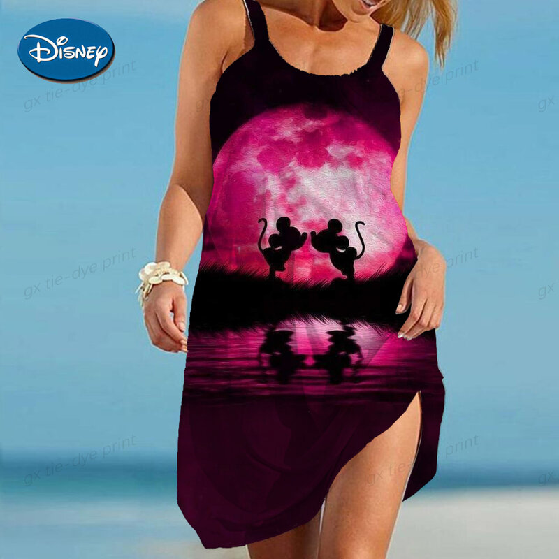 Gaun pantai longgar musim panas selempang 2023 gaun wanita gambar kartun Mickey seksi tanpa lengan Motif Disney Minnie Mouse gaun elegan Boho