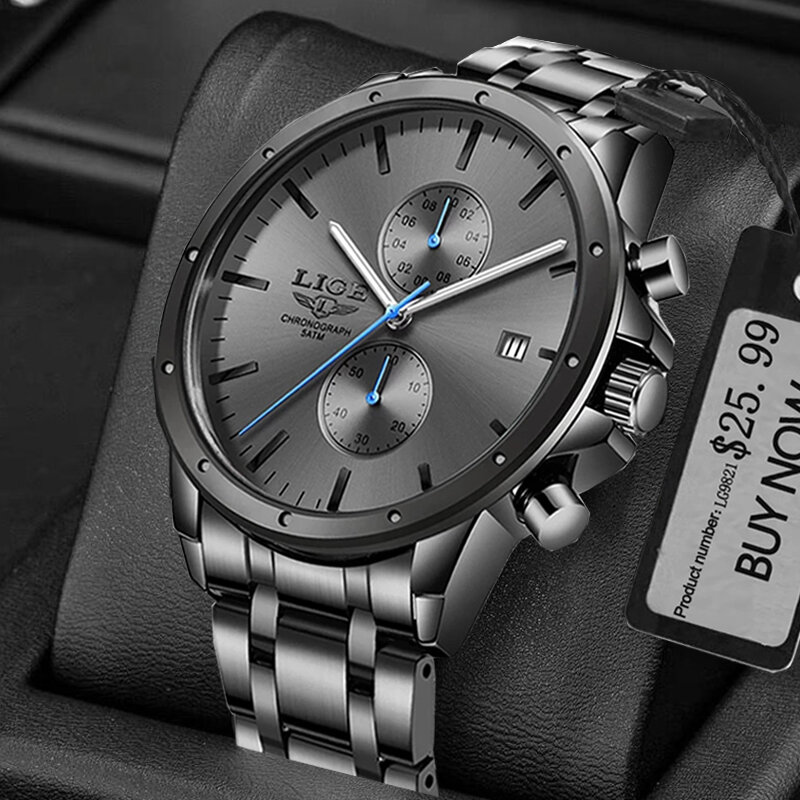 LIGE-새로운 브랜드 럭셔리 쿼츠 손목 시계 남성용, 패션 스포츠 캐주얼 비즈니스 시계