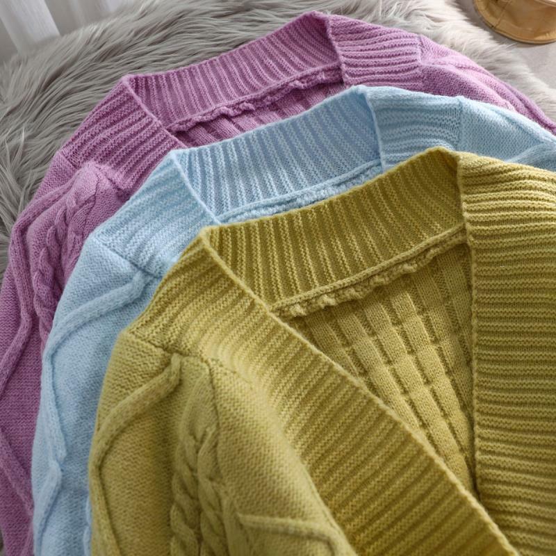 Sweter Rajutan Kardigan Lengan Lentera Wanita 2021 Mantel & Jaket Sweater Solid Lengan Panjang Musim Gugur Musim Dingin Wanita S-XXL