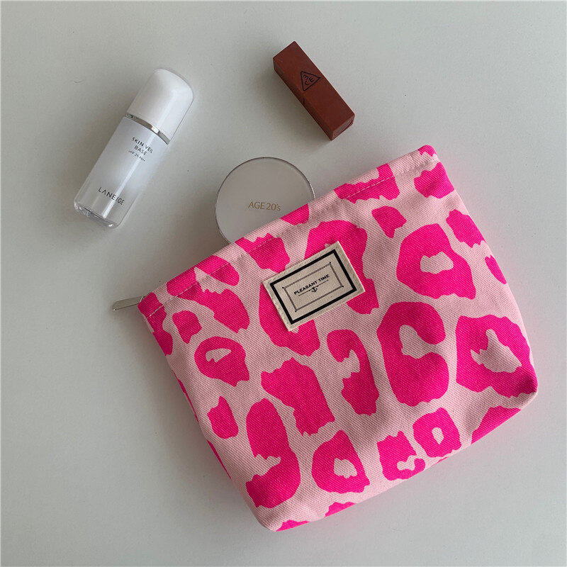 Rosa leopardo impressão saco cosmético feminino retro flor senhoras pequena bolsa de embreagem bolsas de viagem sacos de armazenamento lápis da escola
