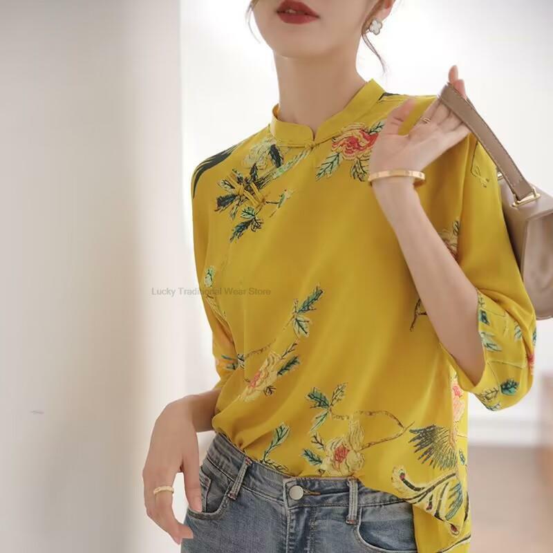 Chinese Stijl Traditionele Kleding Verbeterde Cheongsam Top Oosterse Retro Exquise Print Vrouwen Casual Losse Qipao Blouse