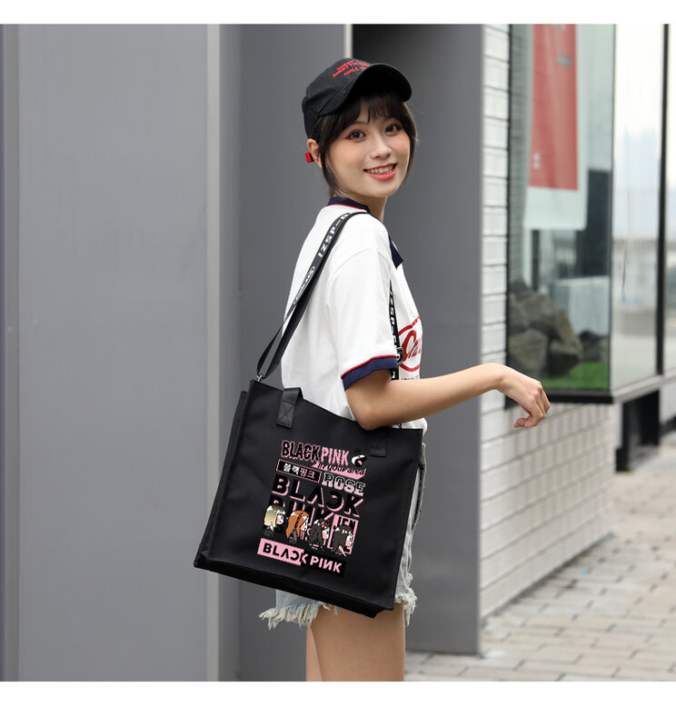 Bolso de mano con estampado de dibujos animados, bolsa de hombro, bolso de lona, color negro y rosa, nuevo