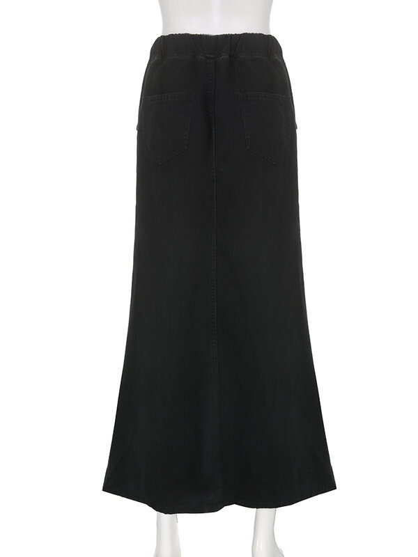 WeiYao Grunge czarna wstążka sznurkiem ściegu długie spódnice w stylu Vintage kobiety estetyczne ubrania na zamek niskiej talii kieszenie jeansowa spódniczka