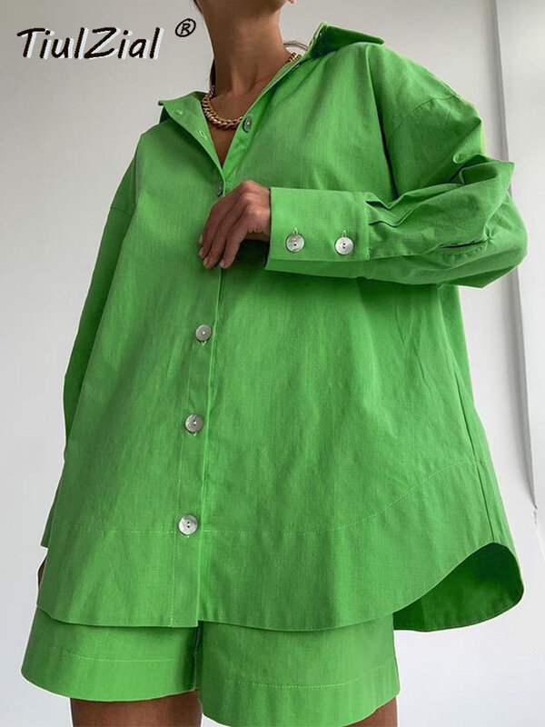 TiulZial Casual damski krótki zestaw dres Loungewear dwuczęściowy strój damski długi oversize koszula i spodenki z wysokim stanem zielony