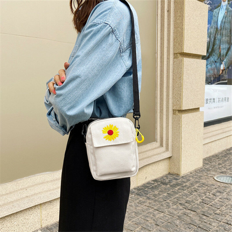 Women's Single Shoulder Bag Fashion Solid Color Casual Handbag Outdoor Daisy Canvas Handbag Zipper Cross-body Bag Messenger Bag